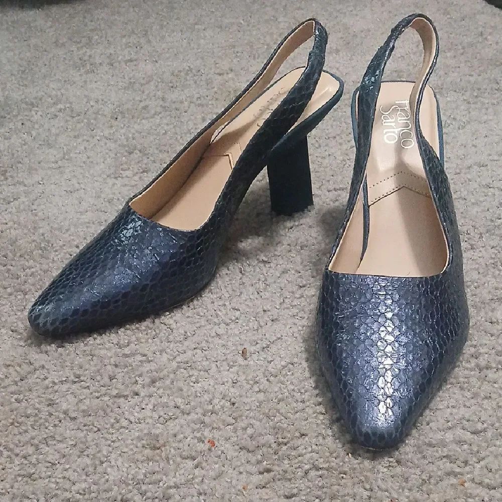 Franco Sarto blue Milano2 snakeskin print Slingback pointed toe heels Sz 10 EUC